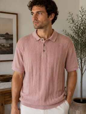 Point Zero Gold Pink Texture Knit Polo Shirt 100% Cotton Men XL Stretchy Coastal